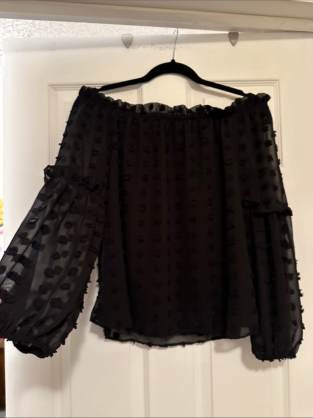 Elegant Black Off-Shoulder Swiss Dot Blouse